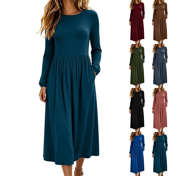 MYAOYI Womens Long Sleeve Midi Dress Pleated A-Line Swing Dress with Pockets
