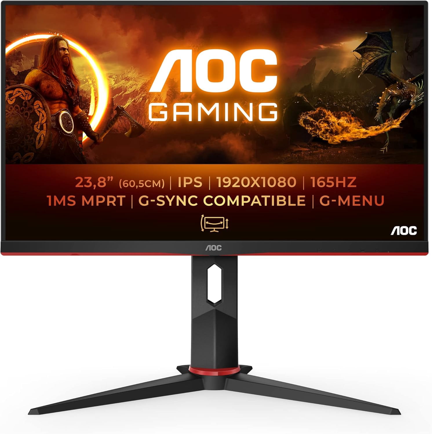 Restored AOC Gaming 24G2SP - Monitor FHD da 24 pollici, 165 Hz, 1 ms, FreeSync Premium (1920 x 1080, VGA, HDMI, DisplayPort), Colore: Nero/Rosso (Refurbished)
