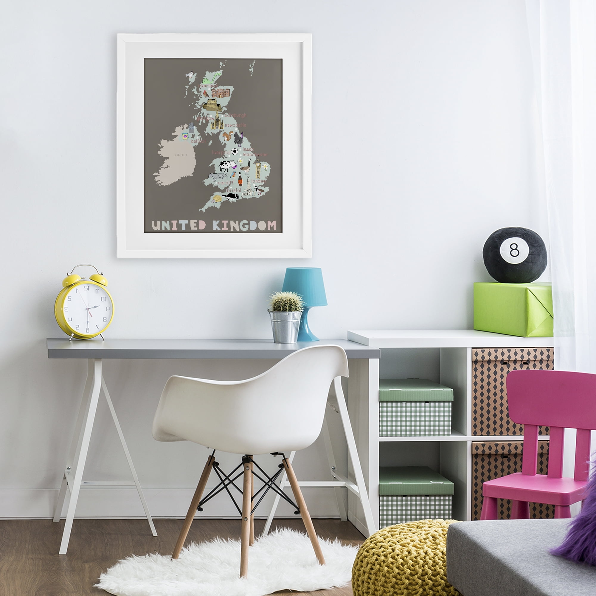 Kid's Map of United Kingdom White Framed Print Under Glass, design by Carla Daly