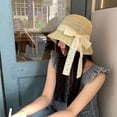 thumbnail image 3 of SikaFu Summer Fashion Big Hat Brim Sunscreen Hat Holiday Fisherman Hat Lace Bow Hollow Woven Straw Hat Woman, 3 of 6
