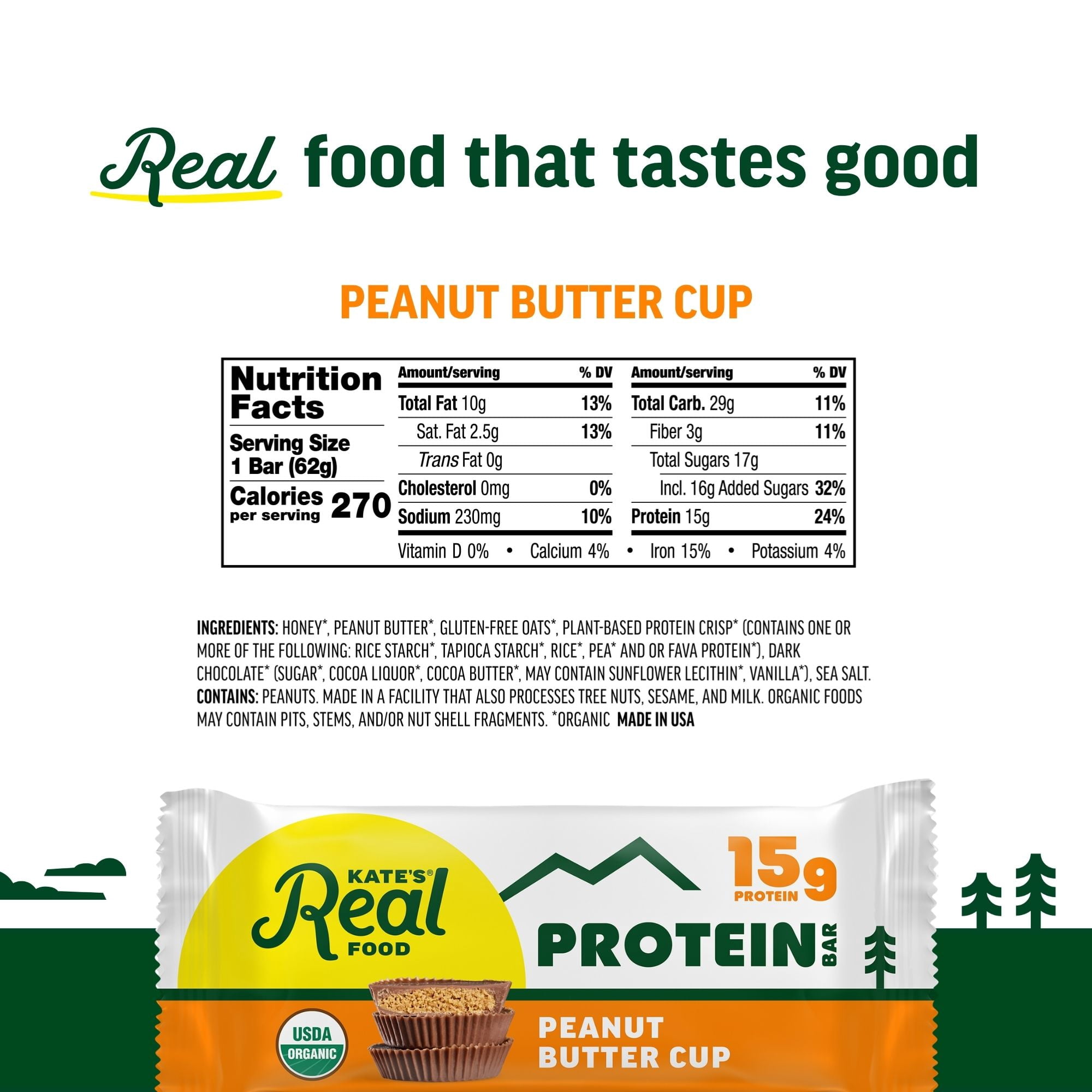 Kate’s Real Food Organic Granola Peanut Butter Cup Nut All Natural Energy Bars - Non GMO, Soy Free, Whole Grain, and Made with Gluten Free Oats - 12 count