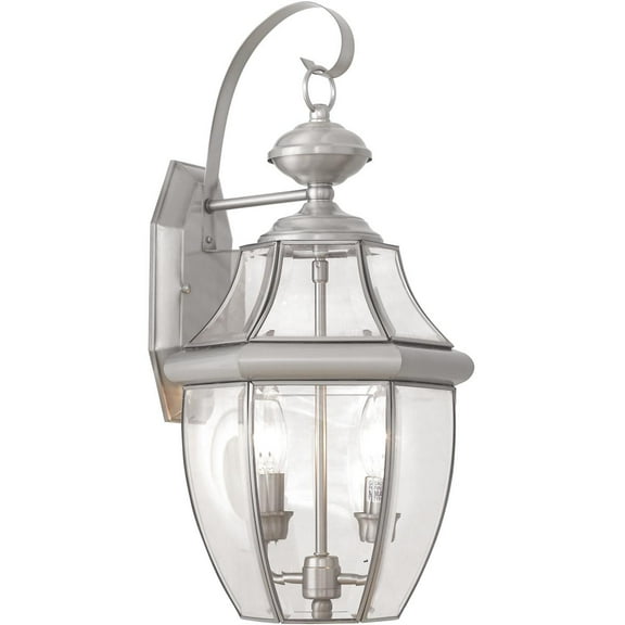 10.5 inch 2 Light Brushed Nickel Outdoor Wall Lantern Pendant Lighting Fixture with Clear Beveled Glass Shade backed with Hand Crafted Solid Brass material for patio, front porch, entryway and more