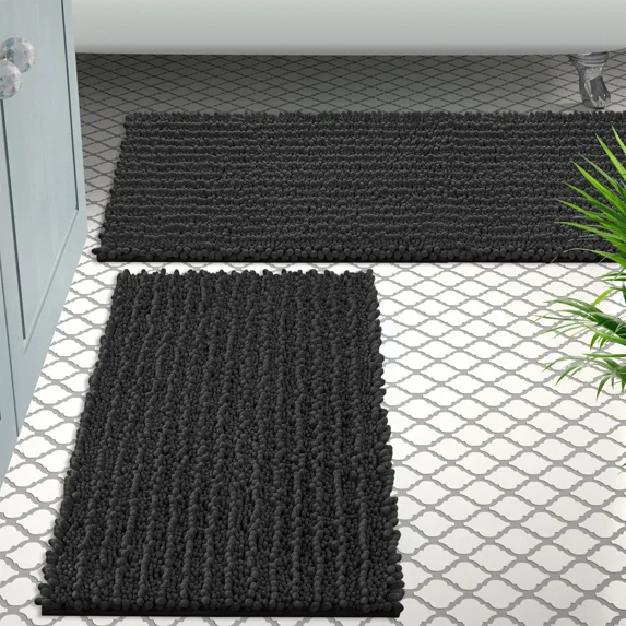 Zebrux Non Slip Thick Shaggy Chenille Bathroom Rugs, Bath Mats for Bathroom Extra Soft and Absorbent - Striped Bath Rugs Set for Indoor/Kitchen.