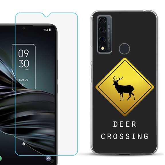 Slim-Fit Fashion Phone Case for TCL 20 XE, with Tempered Glass Screen Protector, by OneToughShield ® - Road Sign Deer