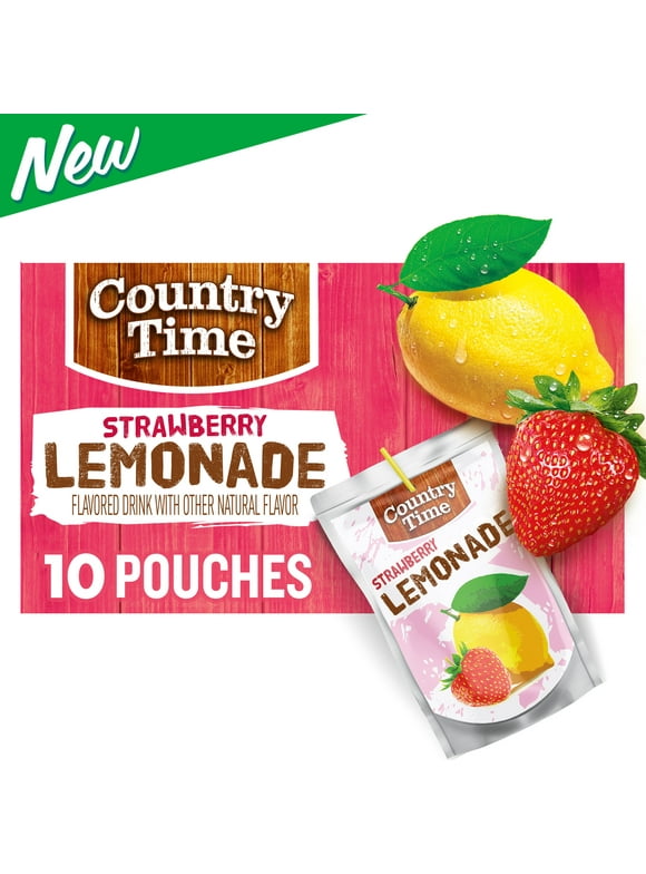 Country Time Strawberry Lemonade Ready to Drink Flavored with other natural flavors Drink Pouches, 10 ct Box, 6 fl oz Pouches