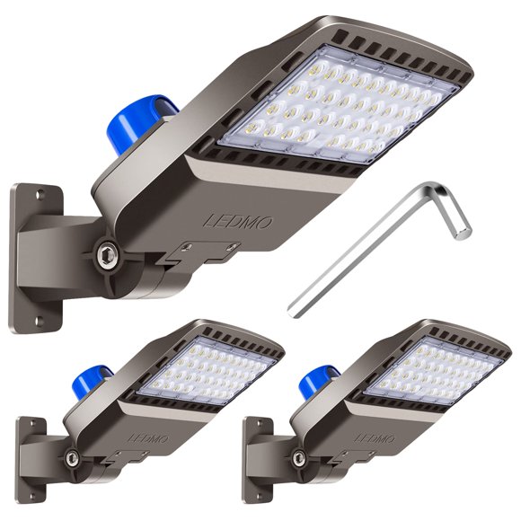 LEDMO LED Parking Lot Light Dusk to Dawn Outdoor Lighting with Adjustable Arm Mount 19500lm Waterproof Wall Light Fixtures 150W Flood Security Lighting for Garage Yard Shop Warehouse Barn(3 Pack)