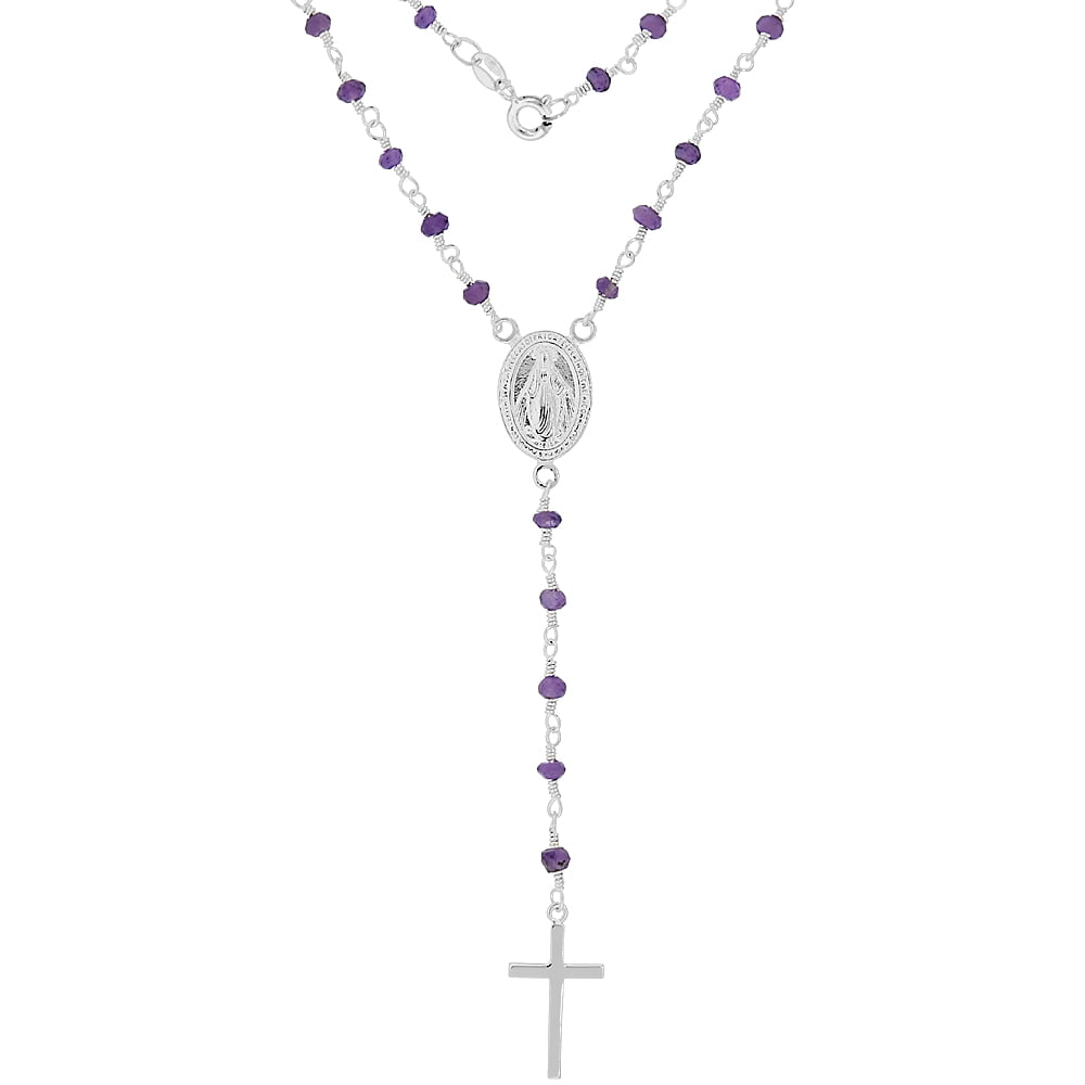 Sterling Silver Dainty Amethyst Rosary Necklace 3mm Beads Faceted Natural Stones Handmade, 18 inch by WorldJewels