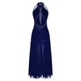 thumbnail image 5 of TiaoBug Women Rhinestones Halter Split Lyrical Dance Dress Contemporary Dancewear Navy Blue S, 5 of 7