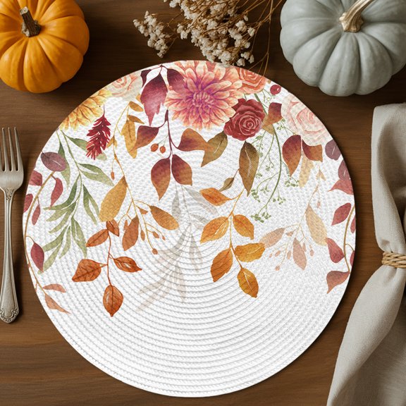 Fall Leaf Round Braided Placemats Set of 2, Autumn Flowers Orange Botanical Thanksgiving Farm Heat Insulation Place Mats Washable Non-Slip Table Mats for Kitchen Dining Party, 13 Inches