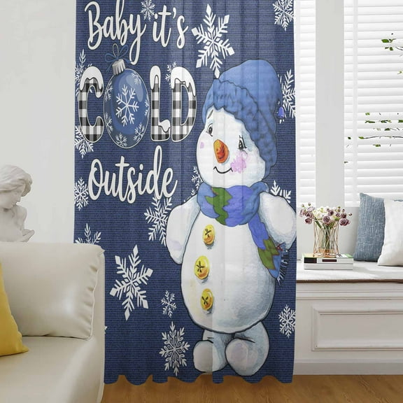It's COLD Outside Semi Sheer Curtains Drapes for Living Room,Bedroom,French Doors Window 45 Inches Long,Christmas Snowman Snowflakes Navy Blue Rod Pocket Chiffon Curtain Voile Drapery Panel