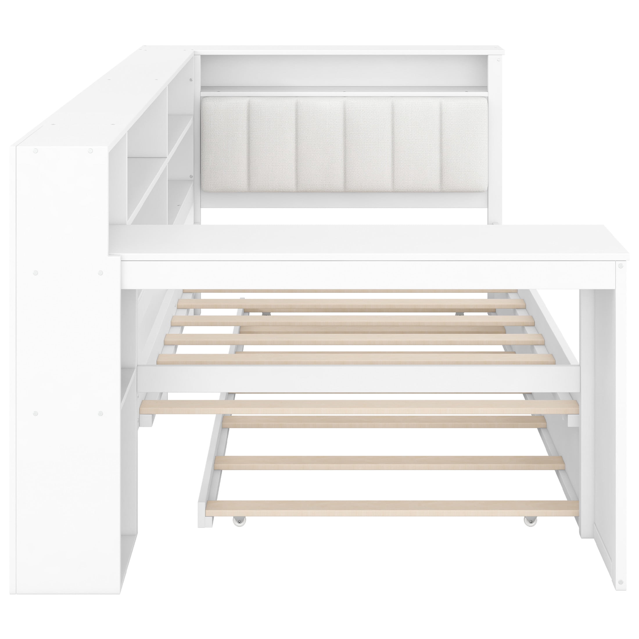 Noble House Twin Platform Bed with Upholstered Headboard, Extra Trundle, Storage Shelves and Charging Station, White