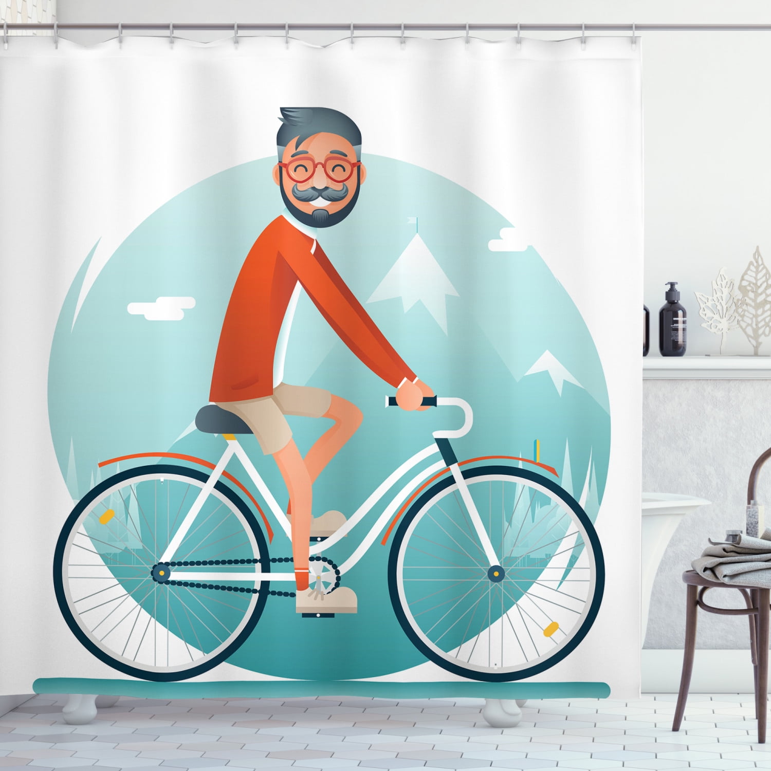Geek Shower Curtain, Geek Hipster Guy Riding a Vintage Bicycle and