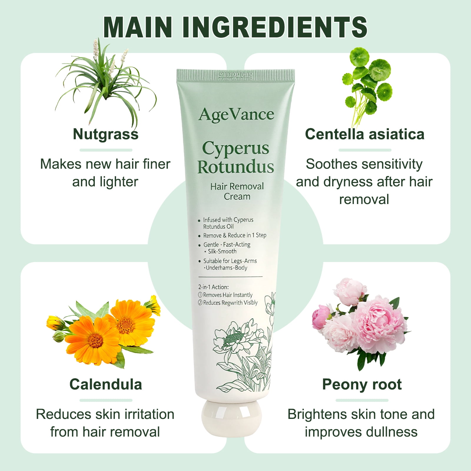 Age Vance Hair Removal Cream for Women, Body Hair Removal Cream Gentle Formula Painless Hair Removal for All Skin Type Legs, Underarms & Arms,3.52 oz