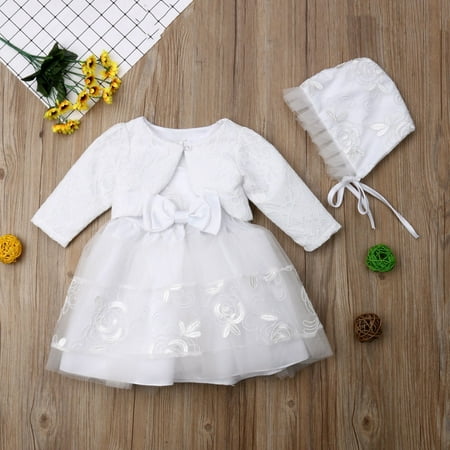 3Pcs Baby Girls Princess Dress White Lace Christening Wedding Party Dresses Ball Gown Clothes Hat 0-18M