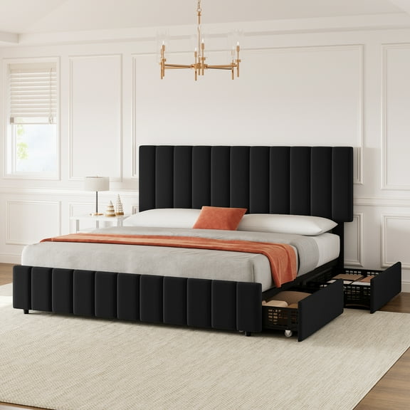 Queen Bed Frame with Adjustable Upholstered Velvet Headboard and 4 Storage Drawers, No Box Spring Require