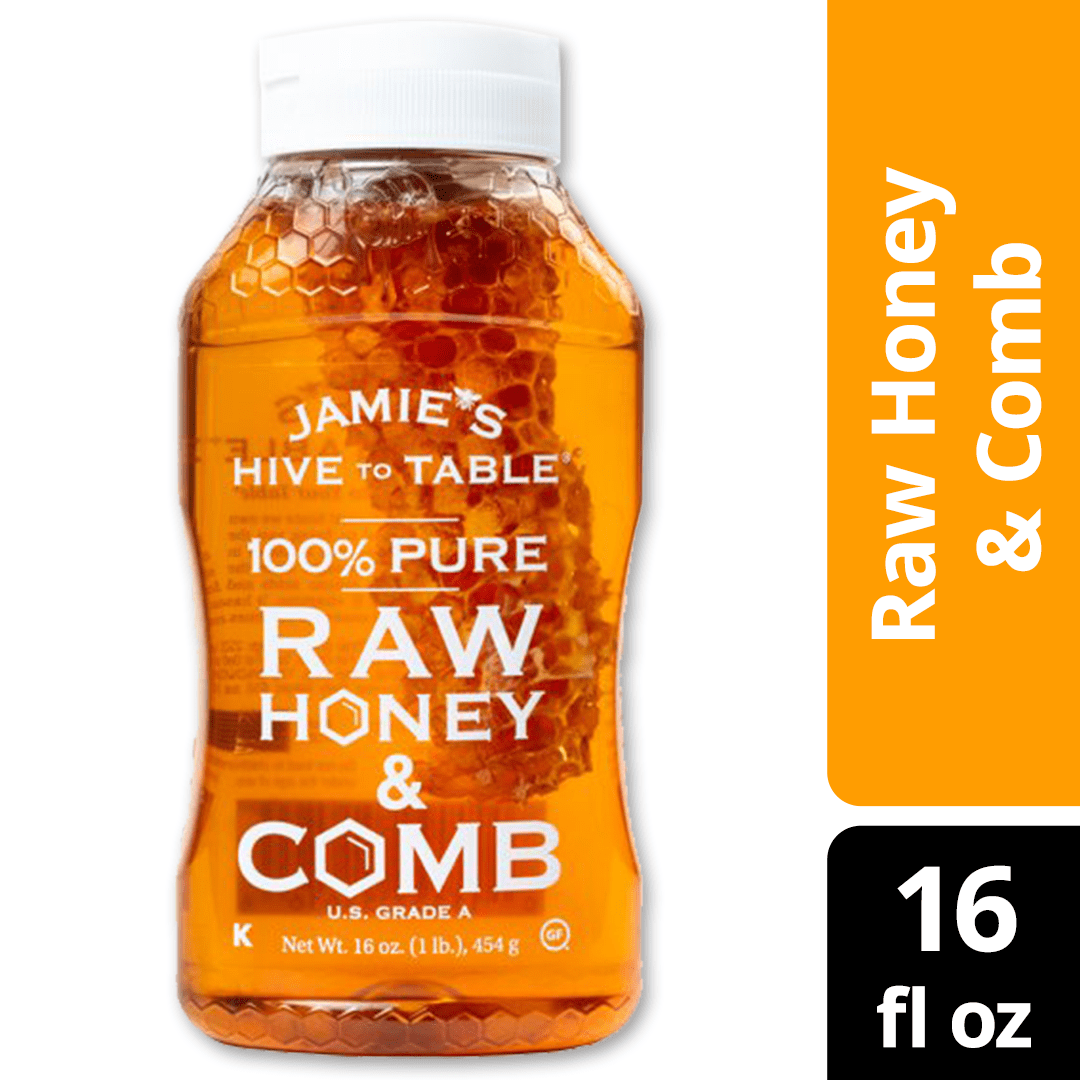 Jamies Hive To Table 100% Raw Honey & Comb, Pure Honey, 16 oz Bottle