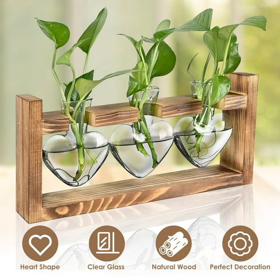 1Pc Wooden Plant Terrarium Propagation Station with 3 Heart Shaped Vases, Hydroponics Bulb Desktop Glass Vase for Home Office Decor Gift