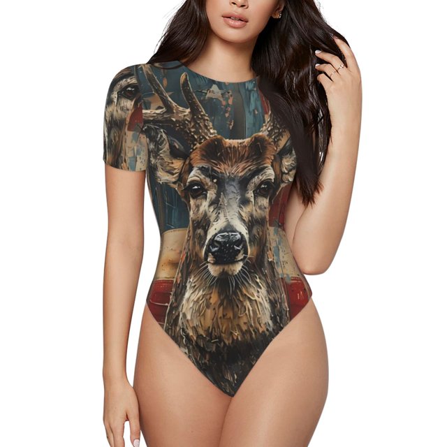 Lsque Drapeau Américain Art de Cerf Justaucorps à Col Rond Manches Courtes Basique T-Shirts Hauts Grenouillère Adulte Mignon Pyjama-Petit