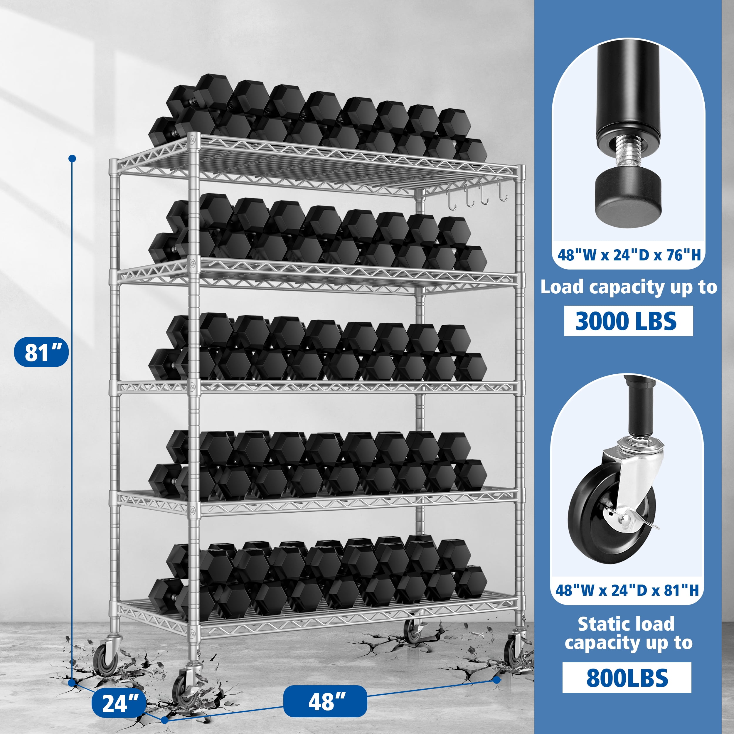 Prilinex 5-Tier Storage Shelves with Wheels 81"H x 48"W x 24"D Adjustable Wire Shelving, Wire Rack for Kitchen Pantry, Garage Shelving Unit Capacity 3000LBS, Chrome