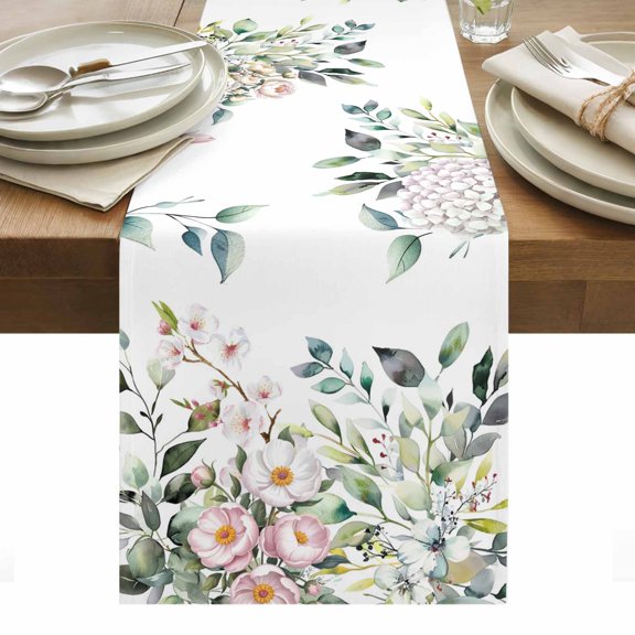 Green Eucalyptus Leaves Table Runner - 90 Inch Long, Kitchen Dining Table Runner Dresser Scarves, Floral Summer Botanical Watercolor Farmhouse Decor for Coffee Tables Wedding Party Banquet