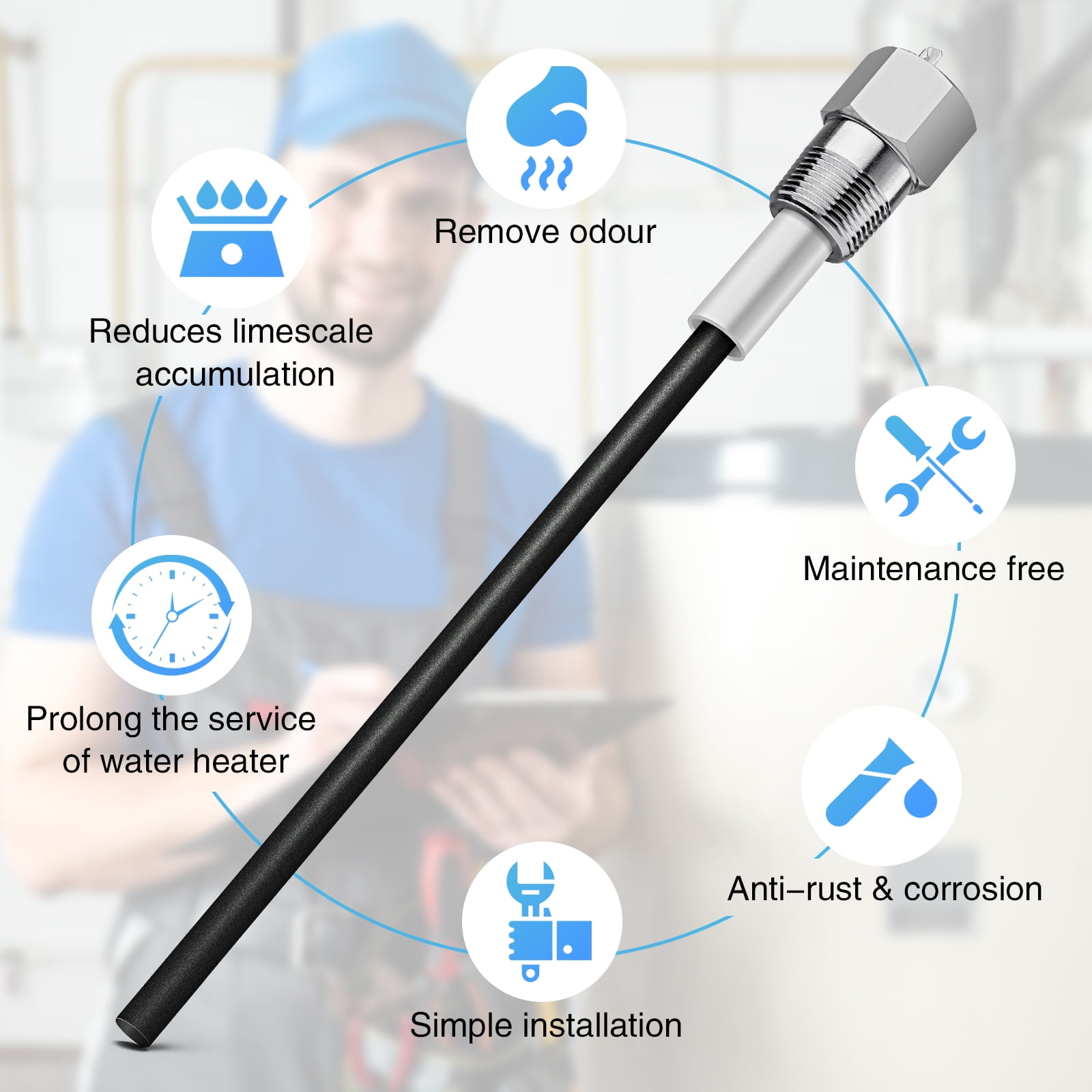 Briidea Water Heater Anode Rod Made of Titanium,  Anti-Rust and Corrosion, Reduce Limescale