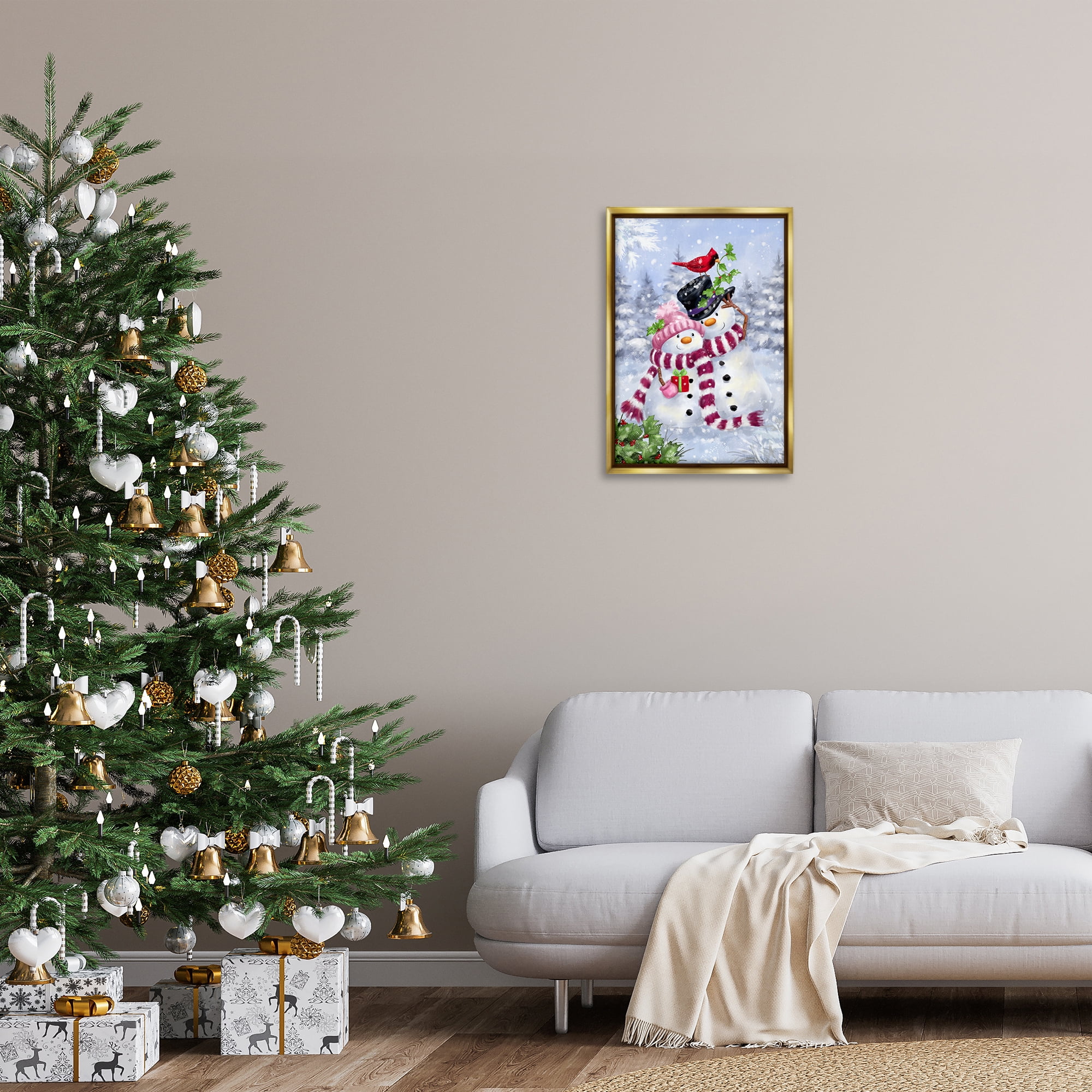 Stupell Industries Happy Snowman & Cardinal Holiday Painting Gold Floater Framed Canvas Art Prints Wall Art, 17 x 25