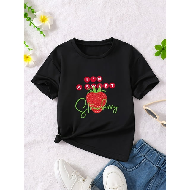 Kids Summer Casual T-Shirt, 100% Polyester Crew Neck Loose Fit Tee with Slight Stretch, Breathable Knit Fabric, Fruit & Vegetable Print, Strawberry Graphic Top for Girls