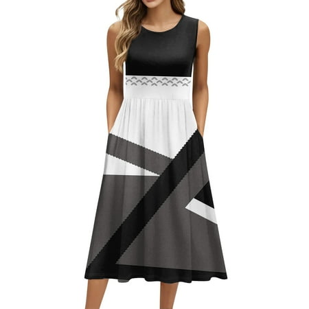 Biziza Casual Dresses for Women Sleeveless 2025 Causal Long Gray Vintage Floral Elegant Dresses Lightweight Cotton Round Neck Stretch Polyester Corset Dress with Pockets