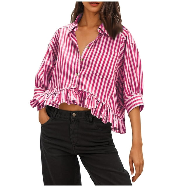 Lenpel Crop Tops for Women Trendy Collared 3/4 Lantern Sleeve Ruffle Hem Striped Button down Shirts Casual Loose Blouses