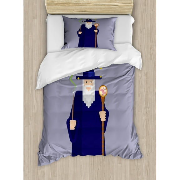 Magician Duvet Cover Set Twin Size, Funny Cartoon of a Wizard Character with Wand, Decorative 2 Piece Bedding Set with 1 Pillow Sham, Ceil Blue Indigo, by Ambesonne