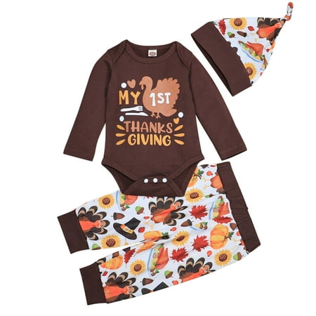 

Toddler Outfit Sets For Teens Girls Boys Thanksgiving Long Sleeve Cartoon Romper Letter Prints Pants Hat Kids Clothes Suit