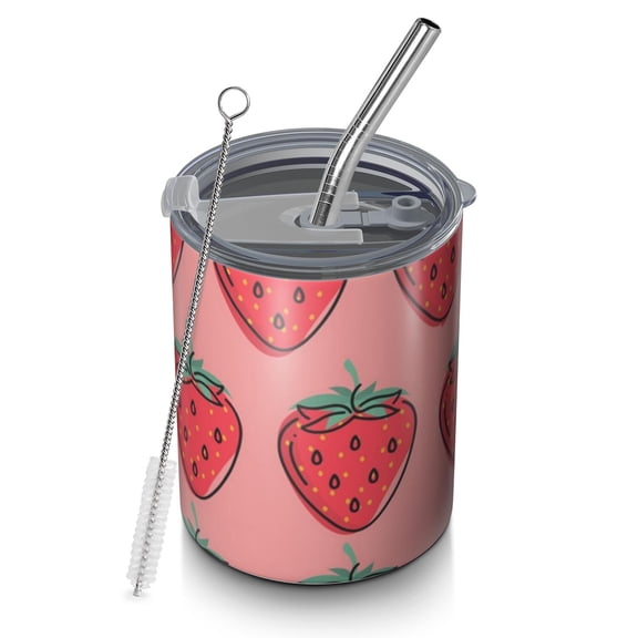 12oz Coffee Tumblers Pink Strawberry Plants Fruit Stainless Steel Vacuum Insulated Travel Tumbler Coffee Cups Mug with Lid and Straw with Cleaning Brush for Cold & Hot Drinks