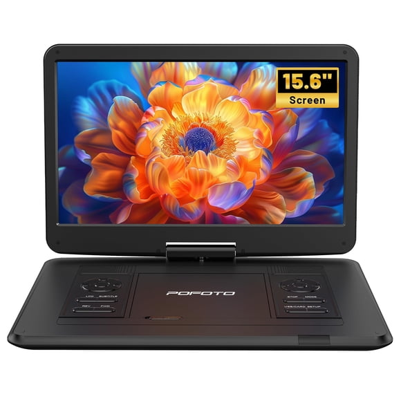 Reproductor de DVD portátil pofoto, pantalla HD de 15,6 pulgadas, batería de 6 horas, negro