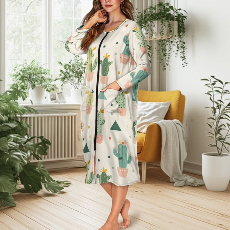 xl ladies dressing gowns Yuyamidu Cactus Long Sleeve Bathrobe for Women Size Comfy Round Neck Zipper Front Robe Soft Bath Spa Robes Lightweight Mid-Calf Length Bath Gown Womens Gown DATE20260623-27
