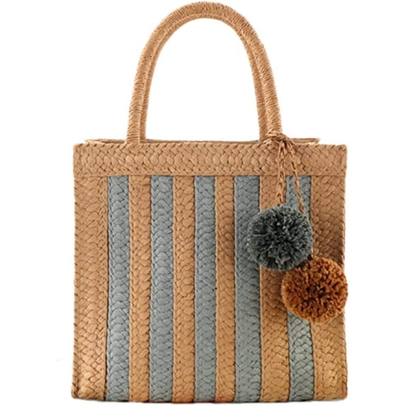 PIKADINGNIS Women Pompom Beach Straw Tote Bags Hand-Woven Summer Top-handle Handbag