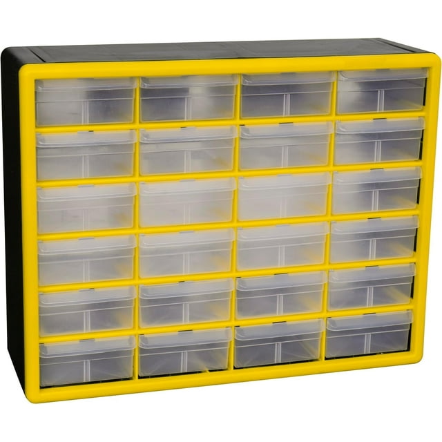 Akro-Mils 10124 24-Drawer Plastic Drawer Storage Cabinet for Garage Organization, Bead Organizer, Lego Storage, Teacher Toolbox, Makeup Organizer, and More, 20-Inch W x 6-Inch D x 16-Inch H, Yellow