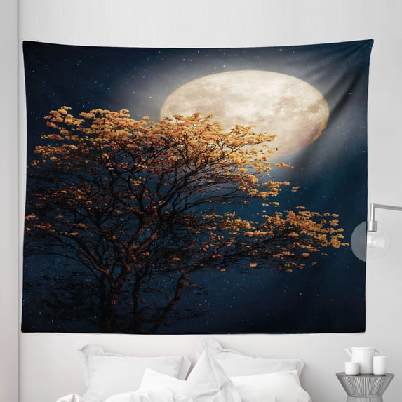 Moon Tapestry, Retro Tree with Blooming Yellow Flowers Elements from Milky Way Galaxy, Fabric Wall Hanging Decor for Bedroom Living Room Dorm, 5 Sizes, Dark Blue Orange, by Ambesonne