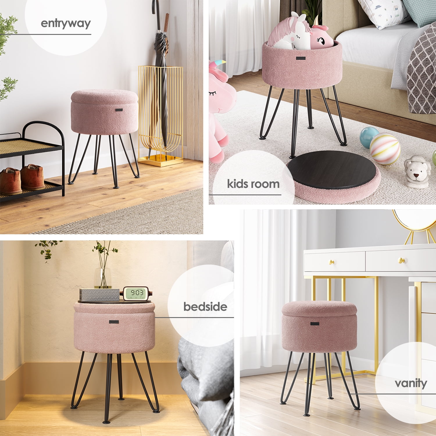 LammaLoe Small Round Ottoman with Storage, Boucle Ottoman Foot Stool with Lid, Upholstered Vanity Stool for Living Room & Bedroom, Pink