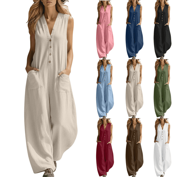 Yeaiivve Women's 2026 Summer Sleeveless Jumpsuits Lightweight Casual Deep V Neck Button Onesie Flowy Linen Wide Leg Pants Rompers with Pockets Khaki,S