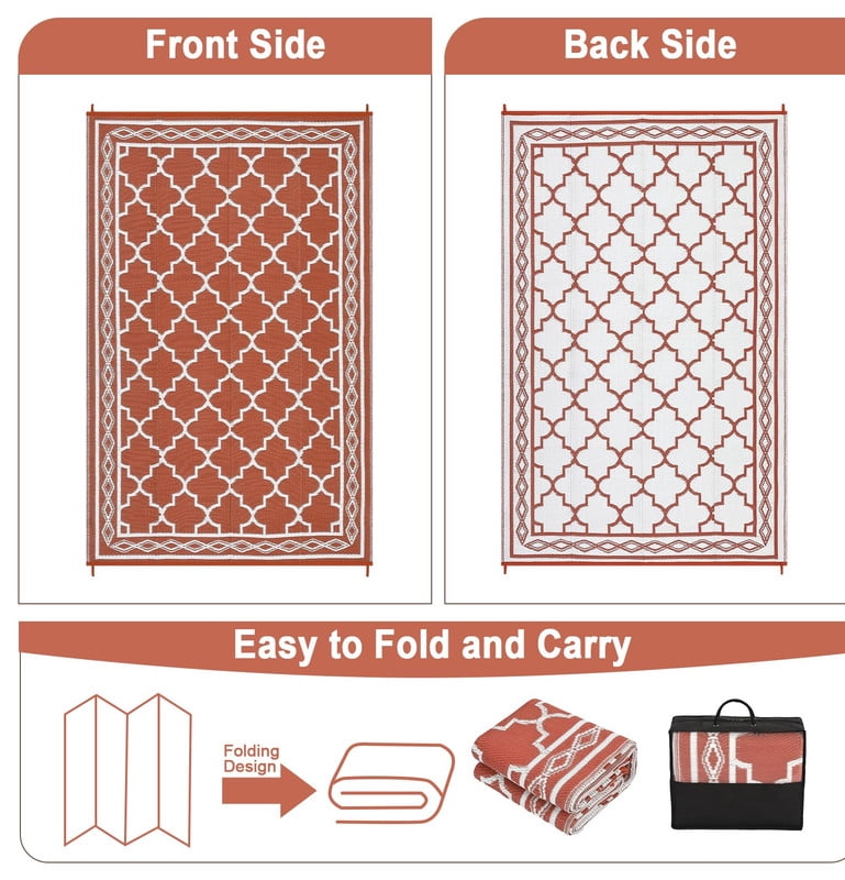 Towallmark 9x12 Outdoor Rug Waterproof, Reversible Plastic Straw Patio Mat with Carry Bag, Portable Camping Rugs for RV Backyard Deck, Easy Cleaning Outside Carpet for Picnic, Orange