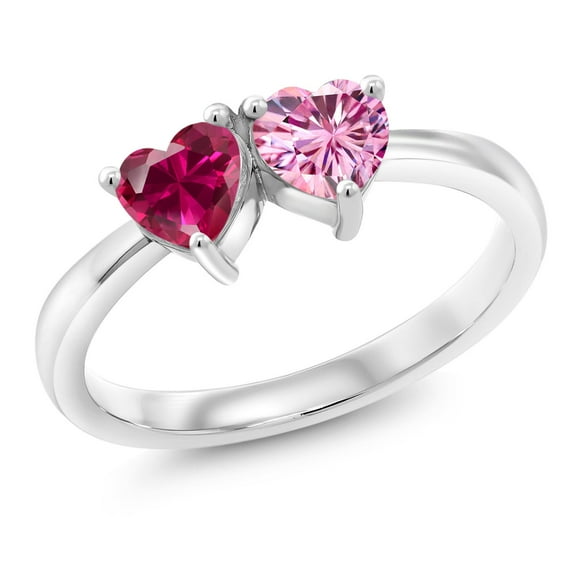 Gem Stone King 925 Sterling Silver Fashion Right-Hand Ring Heart Shape Red Created Ruby and Vivid Pink Moissanite (1.10 Cttw, Size 8)