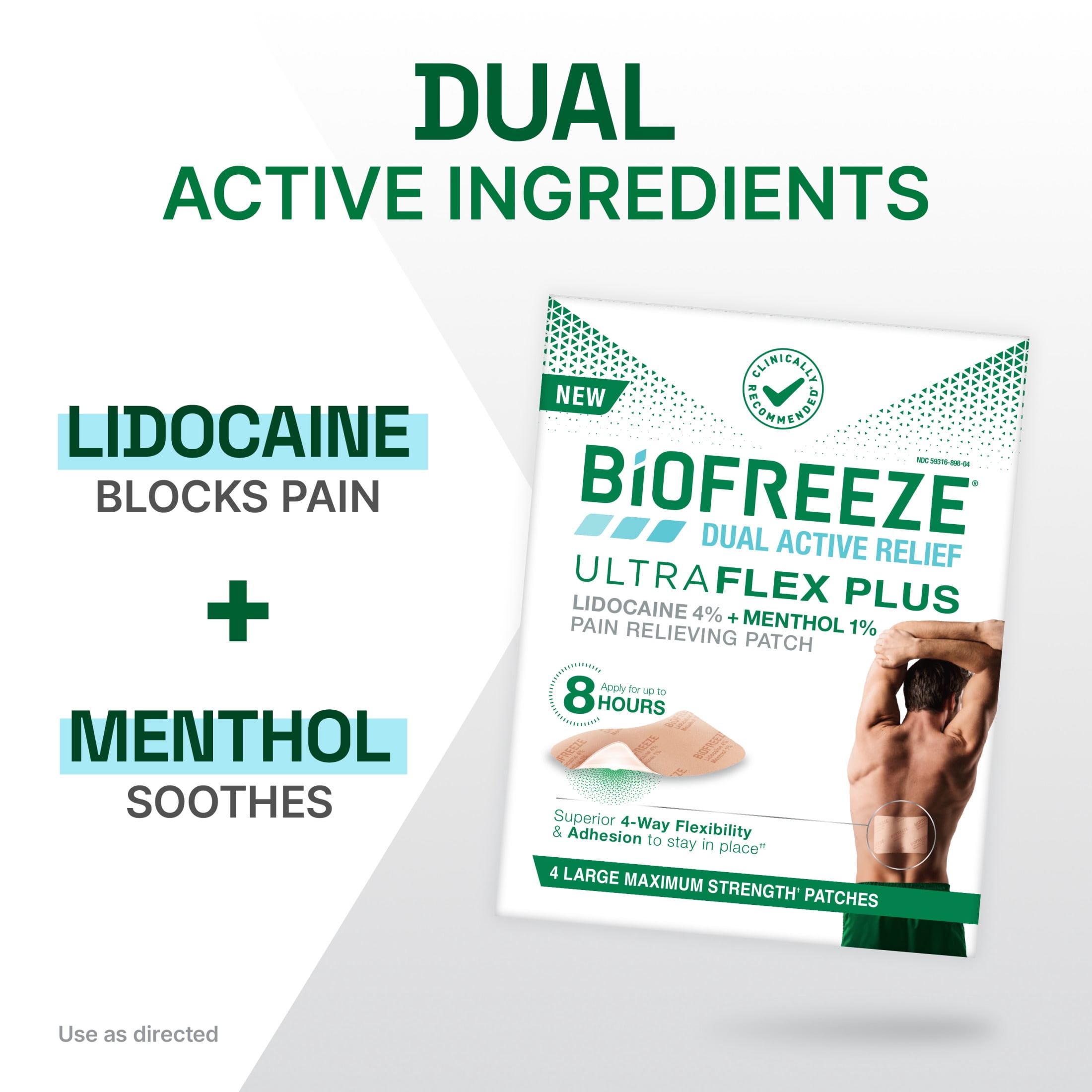 (2 pack) Biofreeze Ultraflex Plus Maximum Strength 4% Lidocaine Patches with Menthol, Flexible Pain Relief Patch for Lower Back, Lidocaine Patch for Neck, Knee, Shoulder, 4 Large Pain Patches