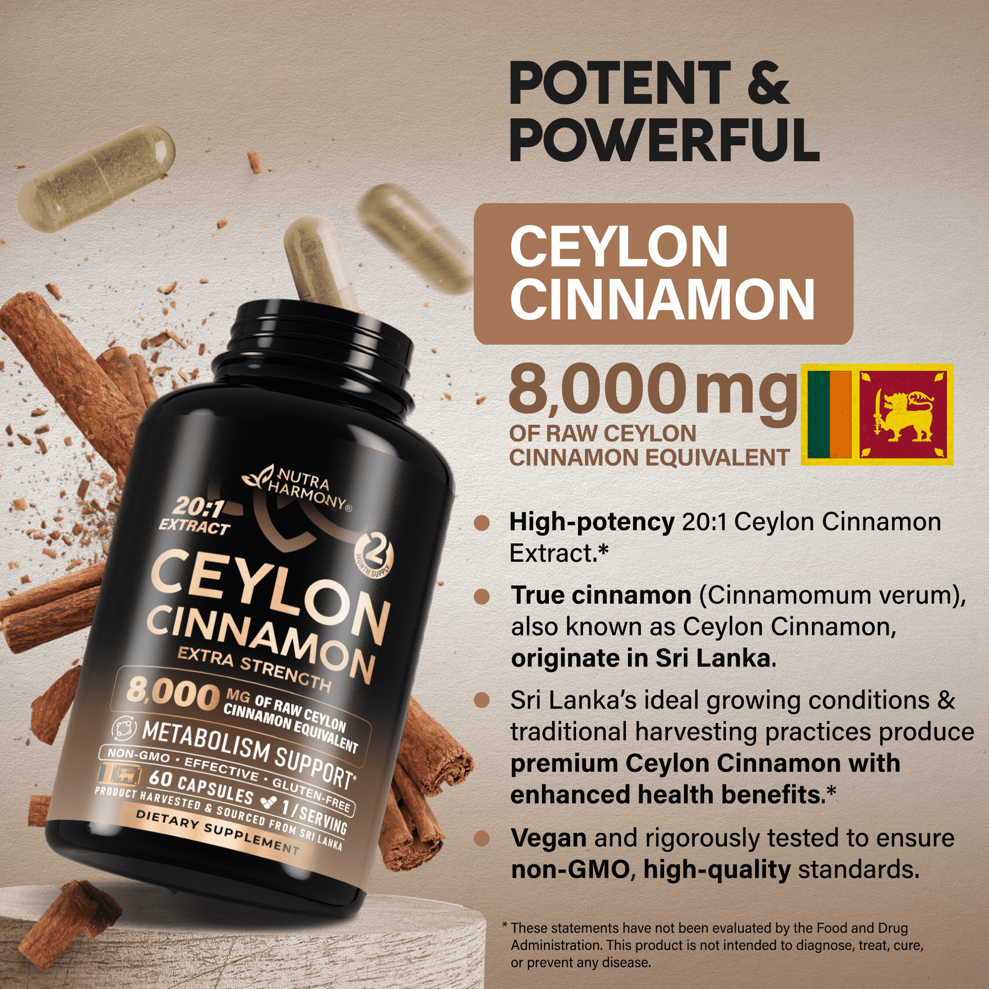 Ceylon Cinnamon Capsules - Extra Strength - Energy Heart & Metabolism Support for Men & Women - Pure Natural Cinnamon 20:1 Extract Supplement - GMO & Gluten Free - Made in USA - 60 Capsules 2 Month