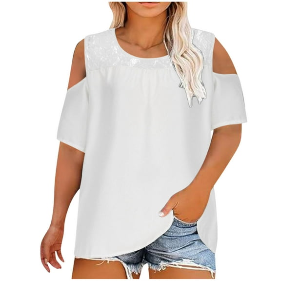 Plus Size Tops for Women Casual Summer Lace Cold Shoulder Short Sleeve T Shirts Solid Loose Lightweight Tunic Blouses