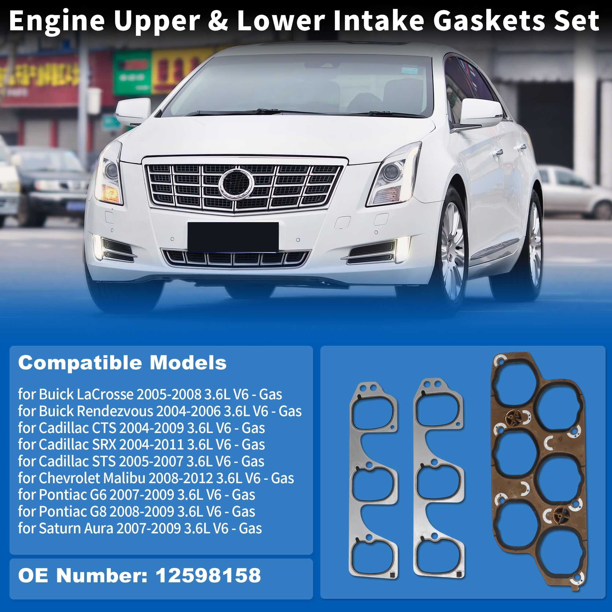 No.12598158 Engine Upper & Lower Intake Gaskets Set for Buick LaCrosse 2005-2008 3.6L for Cadillac CTS 2004-2009 3.6L Intake Manifold Gasket for Chevrolet Malibu 2008-2012 3.6L