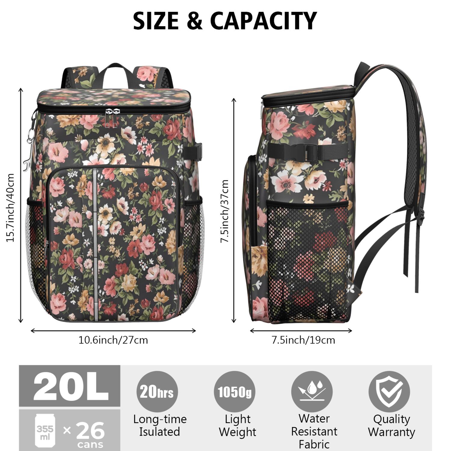Travel Cooler Bag - Pioneer Flower Floral Print Pattern Camping Beer Cooler Backpack with Bottle Opener- Waterproof Insulated Picnic Backpacks - Cooler Bag for Beach