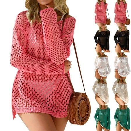LHOPY Crochet Cover Up for Women 2025 Swimsuit Summer Bathing Suit Swim Hollow Out Bikini Swimwear Mesh Knit Beach Dress - Beige XL