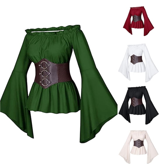 Bigetiay Womens Halloween Pirate Shirt Women Renaissance with Smocked Waist & Flare Sleeves Off Shoulder Corset Top for Cosplay Size XL