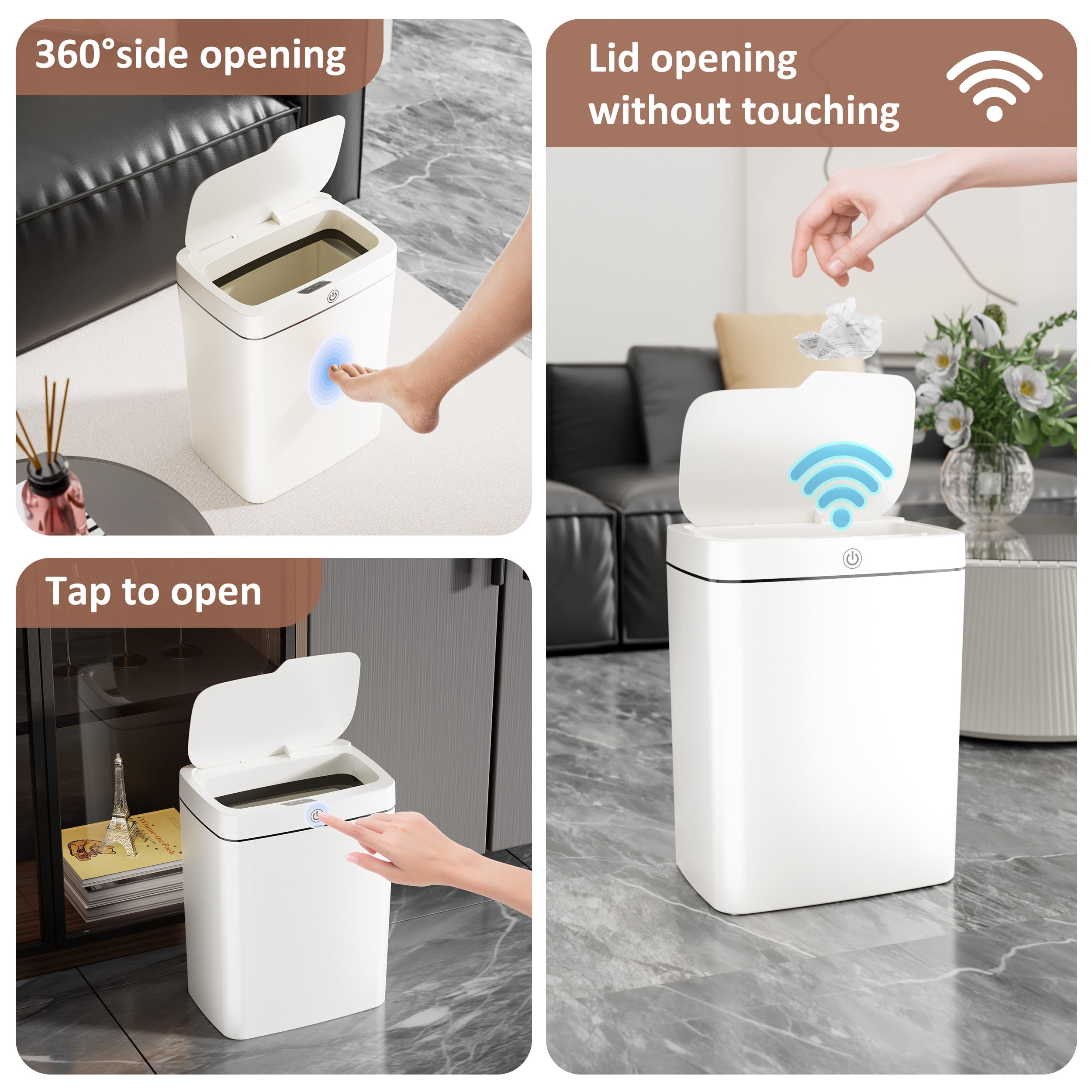 PrettyCare 2 Packs Trash Cans, 4.6 Gal Automatic With Lid Touchless Small Plastic Garbage Can, for Kitchen,Living Room,Bedroom, Bathroom, White, GW01