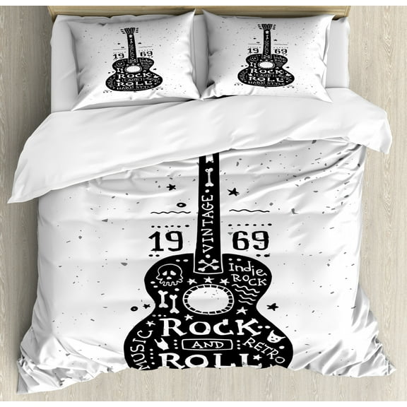 Guitar Duvet Cover Set King Size, Hand Drawn Style Instrument with Grunge Look and Retro Design Rock and Roll Theme, Decorative 3 Piece Bedding Set with 2 Pillow Shams, Black White, by Ambesonne
